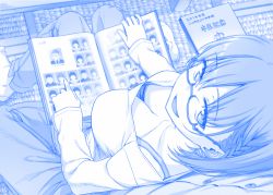 Rule 34 | 1girl, ai-chan (tawawa), blue theme, blurry, book, bra, bra strap, braid, breasts, buttons, cleavage, depth of field, downblouse, eyebrows, from above, from behind, getsuyoubi no tawawa, glasses, himura kiseki, knees together feet apart, large breasts, long sleeves, looking at viewer, looking back, monochrome, no shoes, open book, open mouth, original, photo album, pointing, pov, semi-rimless eyewear, side braid, sitting, sitting on lap, sitting on person, smile, socks, solo focus, tatami, under-rim eyewear, underwear
