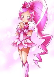 Rule 34 | 10s, 1girl, bad id, bad pixiv id, boots, bow, cure blossom, flower, hair ornament, hair ribbon, hanasaki tsubomi, heart, heartcatch precure!, highres, knee boots, long hair, magical girl, official style, petals, pink bow, pink eyes, pink hair, ponytail, precure, ribbon, sharumon, simple background, skirt, smile, solo, wrist cuffs