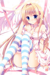Rule 34 | 1girl, angel, angel wings, blonde hair, blue eyes, blush, breasts, cleavage, halo, highres, long hair, looking at viewer, original, sakura hanpen, solo, striped clothes, striped thighhighs, thighhighs, wings