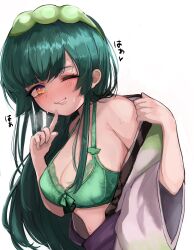Rule 34 | 1girl, blush, bra, breasts, cleavage, commentary request, green bra, green hair, grin, highres, index finger raised, japanese clothes, kimono, large breasts, long hair, looking at viewer, medium bangs, naonaonina, navel, one eye closed, pea pod, simple background, smile, solo, touhoku zunko, translation request, underwear, undressing, upper body, very long hair, voiceroid, white background, white kimono, wide sleeves, yellow eyes