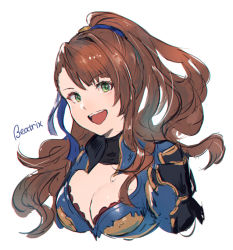 Rule 34 | 1girl, :d, asymmetrical bangs, beatrix (granblue fantasy), blue ribbon, breasts, brown hair, character name, cleavage, cropped arms, cropped torso, floating hair, granblue fantasy, green eyes, hair ribbon, long hair, medium breasts, open mouth, ponytail, ribbon, shimatani azu, simple background, sketch, smile, solo, very long hair, white background