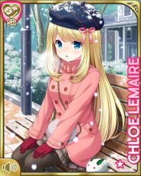 Rule 34 | 1girl, :o, bench, beret, black thighhighs, blonde hair, blue eyes, brown skirt, card (medium), character name, chloe lemaire, coat, girlfriend (kari), hat, long hair, official art, open mouth, outdoors, pink coat, qp:flapper, shirt, sitting, skirt, snow, solo, tagme, thighhighs, winter clothes, winter coat