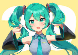 Rule 34 | 1girl, 39, aqua eyes, aqua hair, aqua nails, aqua necktie, blush, breasts, collared shirt, detached sleeves, hair between eyes, hands up, hatsune miku, headset, highres, holding, holding own hair, lace, lace-trimmed shirt, lace trim, leaning to the side, long hair, looking at viewer, nail polish, necktie, open mouth, sakura ran, shirt, simple background, sleeveless, sleeveless shirt, smile, twintails, upper body, very long hair, vocaloid, wide sleeves