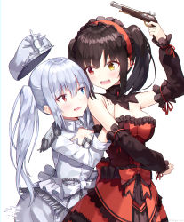Rule 34 | 2girls, antique firearm, arm up, bare shoulders, black hair, blue eyes, blush, breasts, cleavage, clock eyes, commentary, covered collarbone, cowboy shot, date a live, date a live: date a bullet, detached sleeves, dress, firearm, floating hat, gothic lolita, gun, hairband, handgun, hat, heterochromia, highres, holding, holding gun, holding weapon, large breasts, lolita fashion, lolita hairband, long hair, long sleeves, looking at another, medium breasts, multiple girls, open mouth, pistol, ramyun sari, red dress, red eyes, red ribbon, revision, ribbon, simple background, smile, sweatdrop, symbol-shaped pupils, teeth, tokisaki kurumi, twintails, upper teeth only, weapon, white background, white queen (date a live), yellow eyes