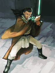 Rule 34 | 1boy, animification, beard, belt, boots, energy sword, facial hair, hallway, jedi, lightsaber, long hair, looking at viewer, male focus, manly, qui-gon jinn, realistic, science fiction, solo, star wars, star wars: the phantom menace, sword, tunic, weapon