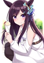Rule 34 | 1girl, alternate costume, animal ears, black pantyhose, blush, casual, clothing cutout, commentary request, food, food in mouth, hair between eyes, hair ornament, hairclip, highres, horse ears, horse girl, looking at viewer, mejiro dober (umamusume), pantyhose, plant, purple eyes, shoulder cutout, simple background, sitting, solo, umamusume, white background, zeatto