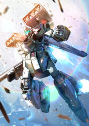 Rule 34 | assault visor, clenched hand, commentary request, debris, exhaust, flying, full body, gun, gundam, gundam unicorn, highres, holding, holding gun, holding weapon, jegan, kuri giepi, lens flare, mecha, missile pod, mobile suit, no humans, robot, science fiction, solo focus, stark jegan, thrusters, weapon