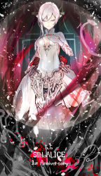 Rule 34 | 1girl, breasts, cleavage, closed eyes, closed mouth, dress, flower, gloves, hair between eyes, hand on own chest, highres, ika syuri, long hair, long sleeves, petals, ponytail, red flower, red rose, rose, sinoalice, snow white (sinoalice), solo, white dress, white gloves, white hair