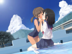Rule 34 | 2girls, black hair, blush, brown hair, child, cloud, couple, day, closed eyes, feet, flat chest, french kiss, hair ornament, hairclip, hands on another&#039;s cheeks, hands on another&#039;s face, kiss, leaning forward, lens flare, masamuuu, multiple girls, no shoes, one-piece swimsuit, original, pool, school, school swimsuit, school uniform, serafuku, short hair, short twintails, sitting, skirt, socks, swimsuit, tan, tongue, tree, twintails, wariza, water, wet, white legwear, yuri
