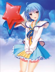 Rule 34 | 1girl, :d, absurdres, ahoge, asymmetrical hair, balloon, blue dress, blue hair, breasts, brown eyes, cloud, cloudy sky, collarbone, cowboy shot, day, dress, frilled dress, frills, head tilt, highres, hoshi ori yume mirai, huge filesize, incredibly absurdres, long hair, looking at viewer, mutou kurihito, open mouth, ousaka sora, outdoors, short dress, sky, small breasts, smile, solo, standing