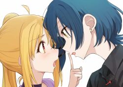 Rule 34 | 2girls, ahoge, black shirt, blonde hair, blue hair, bocchi the rock!, collared shirt, commentary, earrings, eye contact, finger to another&#039;s mouth, hashtag-only commentary, highres, ijichi nijika, jewelry, kanaria hisagi, long hair, looking at another, mole, mole under eye, multiple girls, open mouth, orange eyes, shirt, short hair, side ponytail, sidelocks, simple background, stud earrings, upper body, white background, yamada ryo, yellow eyes, yuri