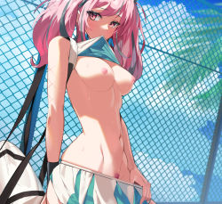 Rule 34 | 1girl, alternate breast size, azur lane, bag, blue sky, blush, breasts, breasts out, bremerton (azur lane), bremerton (scorching-hot training) (azur lane), chain-link fence, closed mouth, clothes in mouth, clothes lift, clothes pull, cloud, cloudy sky, colored pubic hair, commentary, cowboy shot, day, embarrassed, eyelashes, female pubic hair, fence, flashing, furrowed brow, groin, highres, kibawa, lifted by self, looking away, looking to the side, medium breasts, medium hair, miniskirt, mole, mole under eye, mouth hold, multicolored hair, navel, nipples, no bra, official alternate costume, outdoors, palm tree, pink eyes, pink hair, pink pubic hair, pleated skirt, pubic hair, pulled by self, shirt in mouth, shirt lift, shoulder bag, silver hair, skirt, skirt pull, sky, sleeveless, solo, standing, stomach, streaked hair, sunlight, sweat, tank top, toned, tree, twintails, two-tone hair, white tank top, wristband