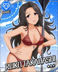 Rule 34 | 1girl, armpits, bikini, black hair, blue background, blue eyes, bracelet, breasts, card (medium), character name, cleavage, cowboy shot, gem (symbol), gradient background, halterneck, hand on own hip, head tilt, idolmaster, idolmaster cinderella girls, jewelry, lace, lace-trimmed bikini, lace trim, large breasts, leaning to the side, long hair, o-ring, o-ring bikini, official art, outline, purple eyes, red bikini, solo, sparkle, standing, swimsuit, takahashi reiko, very long hair