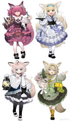 Rule 34 | 4girls, :d, absurdres, ahoge, alternate costume, animal ear fluff, animal ears, animal skull, arknights, beanstalk (arknights), black bow, black choker, black dress, black footwear, black gloves, black pantyhose, blonde hair, blue bow, blue bowtie, blue dress, blue eyes, blue hairband, bow, bowtie, cape, capelet, choker, doll, dress, enmaided, extra ears, footwear bow, fox ears, fox girl, fox tail, frown, full body, gloves, grey bow, hairband, hand up, highres, holding, holding doll, holding knife, holding lantern, holding scissors, holding tray, hood, hood down, hooded cape, kitsune, knife, lantern, light brown hair, long hair, looking at viewer, maid, menthako, multicolored hair, multiple girls, multiple tails, open mouth, pantyhose, pink bow, pink eyes, pink hair, scissors, shamare (arknights), shoes, simple background, single glove, smile, standing, streaked hair, sussurro (arknights), suzuran (arknights), tail, teapot, tray, twintails, v-shaped eyebrows, white background, white capelet, white footwear, white gloves, white hair, white pantyhose