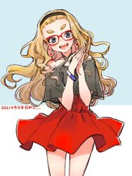 Rule 34 | 1girl, bangle, bare shoulders, black hairband, blonde hair, blue eyes, blush, bracelet, commentary request, dekomegane, earrings, glasses, grey shirt, hairband, high-waist skirt, highres, jewelry, long hair, looking at viewer, open mouth, original, own hands together, red-framed eyewear, red skirt, sasetsu, shirt, skirt, smile, solo, thick eyebrows