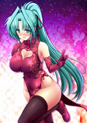 Rule 34 | 1girl, black thighhighs, blush, breasts, china dress, chinese clothes, cleavage, cleavage cutout, clothing cutout, dress, female focus, green eyes, green hair, groin, heart cutout, large breasts, lindy harlaown, long hair, lyrical nanoha, mahou shoujo lyrical nanoha, matching hair/eyes, no panties, open mouth, ponytail, shiwo, smile, solo, thighhighs