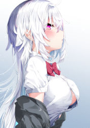 Rule 34 | 1girl, absurdres, blue bra, blush, bow, bowtie, bra, bra peek, breasts, button gap, commentary request, from side, gradient background, grey background, grey jacket, hair between eyes, highres, huge filesize, jacket, kamioka shun&#039;ya, large breasts, long hair, looking at viewer, looking to the side, off shoulder, open clothes, open jacket, original, parted lips, pink eyes, profile, red bow, red bowtie, shirt, sideways glance, silver hair, solo, underwear, upper body, white shirt
