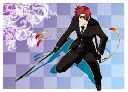 Rule 34 | 1boy, asbel lhant, bad id, bad pixiv id, blue eyes, brown hair, checkered background, eyepatch, male focus, official alternate costume, solo, sword, tales of (series), tales of graces, tktg, tuxedo, weapon