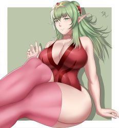 Rule 34 | 1girl, absurdres, arcedo, breasts, choker, cleavage, covered navel, dress, feet out of frame, fire emblem, fire emblem awakening, from below, green eyes, green hair, hair tie, hand up, highres, large breasts, looking at viewer, nintendo, parted lips, pointy ears, red dress, red ribbon, ribbon, shadow, sitting, smile, solo, teeth, thick thighs, thighhighs, thighs, tiara, tiki (fire emblem), watermark