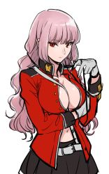 Rule 34 | 1girl, alternate hairstyle, aono shimo, bad id, bad twitter id, belt, between breasts, breasts, cleavage, fate/grand order, fate (series), florence nightingale (fate), gloves, grey gloves, hair down, highres, large breasts, long hair, looking at viewer, military, military uniform, navel, open clothes, purple hair, red eyes, simple background, skirt, solo, uniform, white background