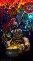 Rule 34 | 1boy, absurdres, bara, basilisk, beard, brown hair, coin, cooking, cooking pot, creature, dungeon meshi, dwarf, facial hair, fake horns, glowing hot, helmet, highres, holding, horned helmet, horns, kraken, large hands, long beard, male focus, meanie--zucchini, mustache, plant, scorpion, senshi (dungeon meshi), solo, thick mustache, toned, toned male, upper body, very long beard, walking mushroom (dungeon meshi)