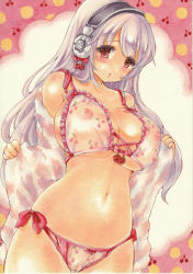 Rule 34 | 1girl, absurdres, blush, breasts, cherry, cherry print, cleavage, commentary request, food, food print, fruit, hair ornament, headphones, highres, large breasts, long hair, looking at viewer, marker (medium), navel, nipples, nitroplus, open mouth, panties, pink eyes, pink hair, pussy, see-through, solo, super sonico, traditional media, underwear, yurun
