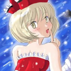 Rule 34 | 1girl, bare shoulders, female focus, flx, hat, lowres, lyrica prismriver, short hair, solo, touhou, upper body