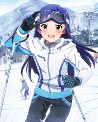 Rule 34 | 10s, 1girl, :d, blue hair, blush, brown eyes, gloves, goggles, goggles on head, idolmaster, idolmaster (classic), idolmaster million live!, kisaragi chihaya, long hair, million live card, official art, open mouth, skiing, smile, solo