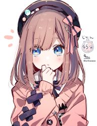 1girl, absurdres, bangs, beret, black headwear, blue eyes, blush, bow, brown hair, brown jacket, collared shirt, commentary request, eyebrows visible through hair, eyes visible through hair, hair bow, hat, highres, jacket, long hair, long sleeves, looking at viewer, nijisanji, notice lines, parted lips, pink bow, puffy long sleeves, puffy sleeves, shirt, signature, simple background, sleeves past wrists, sofra, solo, striped, striped bow, suzuhara lulu, translation request, twitter username, upper body, virtual youtuber, white background, white shirt