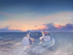 Rule 34 | 2girls, arms behind back, bare legs, barefoot, beach, blue hair, blush, bow, cloud, dress, dress bow, floating hair, footprints, hanako151, hatsune miku, highres, long hair, looking at another, megurine luka, multiple girls, ocean, open mouth, outdoors, red hair, signature, skirt hold, sky, smile, splashing, star (sky), striped clothes, striped dress, sunrise, twintails, vertical-striped clothes, vertical-striped dress, vocaloid, wading, white bow, white dress