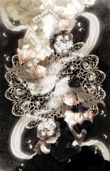 Rule 34 | 2girls, bad id, bad pixiv id, black dress, bouquet, braid, bridal gauntlets, choker, dress, earrings, closed eyes, flower, hair flower, hair ornament, hand on another&#039;s chest, hand on own chest, jewelry, monochrome, multiple girls, original, petals, silver hair, souya touki, white dress