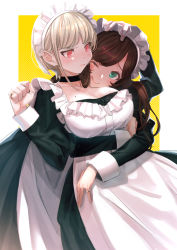 Rule 34 | 2girls, ;q, apron, arm up, black choker, blush, breasts, brown hair, choker, collarbone, commentary request, dress, frilled apron, frills, frown, green dress, green eyes, hand up, highres, hug, hug from behind, jewelry, large breasts, long sleeves, looking at another, looking at viewer, maid, maid apron, maid headdress, mole, mole on breast, multiple girls, one eye closed, original, red eyes, ring, tongue, tongue out, two-tone background, white background, yellow background, yoiyoi uruu, yuri