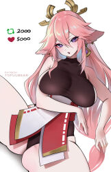 Rule 34 | 1girl, adapted costume, alternate breast size, animal ears, bare shoulders, breasts, earrings, english text, fox ears, genshin impact, hair between eyes, hair ornament, highres, japanese clothes, jewelry, large breasts, like and retweet, long hair, looking at viewer, meme, pink hair, purple eyes, smile, solo, thick thighs, thighs, tofuubear, twitter strip game (meme), very long hair, yae miko