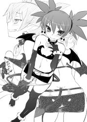 Rule 34 | 1girl, back, bare shoulders, bat wings, belt, breasts, choker, demon girl, demon tail, dimples of venus, disgaea, dr.p, earrings, elbow gloves, etna (disgaea), fang, flat chest, gloves, greyscale, jewelry, microskirt, miniskirt, monochrome, naizuri, navel, paizuri, paizuri under clothes, panties, panty pull, penis, penis under another&#039;s clothes, pointy ears, skirt, skull, small breasts, solo focus, tail, thighhighs, twintails, underwear, white panties, wings