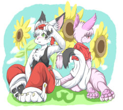 Rule 34 | 1boy, 1girl, animal feet, artist request, barefoot, cat, flower, furry, furry female, furry male, green eyes, nick zap, pawpads, red eyes, run turn, scarf, soles, sunflower, tail tale, toes