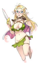Rule 34 | 1girl, blonde hair, blue eyes, blush, breasts, cape, commentary request, copyright request, glasses, large breasts, long hair, looking at viewer, navel, nishieda, open mouth, pointy ears, shoulder pads, solo, sword, weapon