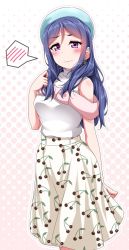 Rule 34 | 1girl, arm at side, beret, blue hair, blue hat, capelet, cherry print, clenched hands, earrings, food print, hair down, halftone, halftone background, hand up, hat, highres, jewelry, long hair, love live!, love live! school idol festival, love live! sunshine!!, matsuura kanan, medium skirt, playing with own hair, print skirt, purple eyes, shirt, skirt, sleeveless, sleeveless shirt, solo, spoken blush, wavy mouth, white shirt, white skirt, yopparai oni
