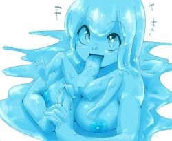 Rule 34 | 1girl, barefoot, blue eyes, breasts, feet, highres, large breasts, marbleslime, monster girl, nipples, open mouth, original, own hands clasped, own hands together, penis, pussy, simple background, slime girl, soles, solo, spread legs, toes, tongue, tongue out, white background