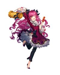 Rule 34 | 1girl, artist request, bag bow, black bow, black pants, black tassel, blush, bow, chain, china dress, chinese clothes, dango, dress, dress bow, fang, final gear, flower knot, food, full body, garren (final gear), gold chain, highres, holding, holding stick, layered dress, layered sleeves, leg up, long sleeves, no socks, official art, one eye closed, open mouth, pants, polka dot, polka dot bag, purple hair, red bow, red sleeves, side slit, sidelocks, simple background, skin fang, sleeves past elbows, solo, standing, standing on one leg, stick, tachi-e, third-party source, transparent background, wagashi, wavy hair