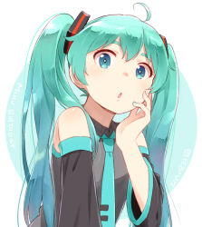 Rule 34 | 1girl, :o, ahoge, bare shoulders, blue eyes, blue hair, blue nails, commentary, detached sleeves, hatsune miku, long hair, looking at viewer, nagian, nail polish, necktie, open mouth, shiny skin, simple background, upper body, vocaloid
