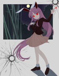 Rule 34 | absurdres, animal ears, bamboo, bamboo forest, black footwear, black jacket, broken glass, bullet hole, buttons, collared shirt, flat chest, forest, full moon, glass, hand on own chest, highres, jacket, keiki8296, long hair, long sleeves, looking at viewer, moon, nature, necktie, night, night sky, pointing, purple hair, rabbit ears, rabbit girl, rabbit tail, red eyes, red necktie, reisen udongein inaba, shirt, shoes, sky, sleeves past wrists, smile, socks, star (sky), tail, touhou, tree, very long hair, white background, white shirt, white socks