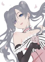 Rule 34 | 1boy, bare shoulders, black gloves, blue eyes, blue hair, bow, bowtie, choker, ciel phantomhive, ciel phantomhive (robin dress), collarbone, crossdressing, dark blue hair, dress, elbow gloves, falling petals, flower, frilled choker, frills, gloves, hair over one eye, highres, kuroshitsuji, looking at viewer, male focus, mmss25, petals, pink choker, pink dress, pink flower, purple eyes, simple background, solo, strapless, strapless dress, striped bow, striped bowtie, striped clothes, trap, twintails, white bow, white bowtie