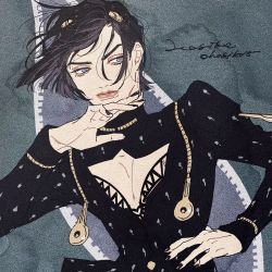 Rule 34 | 1boy, artist name, black hair, blue eyes, blunt ends, bob cut, bra, bruno bucciarati, cleavage cutout, clothing cutout, formal, hagiko15, hair ornament, hand on own hip, hand up, jojo no kimyou na bouken, lace, lace bra, long sleeves, looking to the side, male focus, nail polish, pectoral cleavage, pectorals, short hair, signature, suit, twitter username, underwear, v-shaped eyebrows, vento aureo, wind, zipper, zipper pull tab