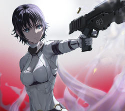Rule 34 | 1girl, absurdres, bad id, bad pixiv id, black hair, bodysuit, breasts, bullet, cleavage, grey eyes, gun, hair between eyes, highres, holding, holding gun, holding weapon, mardock scramble, parted lips, rune balot, short hair, small breasts, solo, standing, tooku0, upper body, weapon, white bodysuit