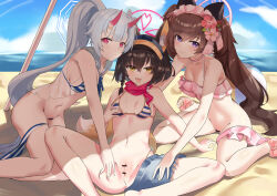 Rule 34 | 3girls, absurdres, beach, blue archive, blush, censored, chise (blue archive), chise (swimsuit) (blue archive), clothing aside, female focus, highres, horns, izuna (blue archive), izuna (swimsuit) (blue archive), kitsune, legs apart, looking at viewer, multiple girls, ocean, oni horns, outdoors, pussy, shizuko (blue archive), shizuko (swimsuit) (blue archive), smile, swimsuit