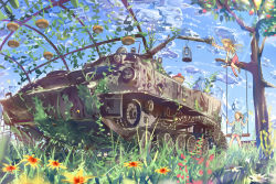 Rule 34 | 2girls, apple, bird, birdcage, blonde hair, brown hair, bug, butterfly, cage, cloud, daito, day, dress, flower, food, fruit, grass, hat, insect, ivy, long hair, military, military vehicle, motor vehicle, multiple girls, original, outstretched arm, revision, scenery, side ponytail, skirt, sky, swing, tank, tree, vehicle