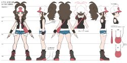 10s 1girl 2024_pokemon_teraleak absurdres ass breasts brown_eyes brown_hair character_sheet cleavage concept_art creatures_(company) denim denim_shorts full_body game_freak high_ponytail highres hilda_(pokemon) long_hair multicolored_hair multiple_views nintendo official_art poke_ball_print pokemon pokemon_bw production_art scan short_shorts shorts smile translation_request turnaround vest white_background wide_hips