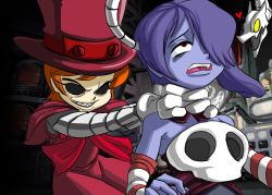 Rule 34 | 2girls, asphyxiation, blue hair, blue skin, colored skin, detached collar, detached sleeves, gloves, grin, hair over one eye, hat, heart, leviathan (skullgirls), mechanical arms, multiple girls, open mouth, orange hair, parasite, peacock (skullgirls), red eyes, sharp teeth, short hair, skullgirls, smile, squigly (skullgirls), strangling, teeth, top hat, violence, yellow eyes, zombie
