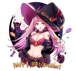 Rule 34 | 1girl, absurdres, belt, breasts, candy, cleavage, costume, earrings, english text, female focus, fire emblem, fire emblem: three houses, food, full moon, halloween, halloween costume, happy halloween, hat, highres, hilda valentine goneril, horns, jack-o&#039;-lantern, jewelry, large breasts, lollipop, long hair, matching hair/eyes, midriff, moon, nail polish, navel, nintendo, open mouth, pink eyes, pink hair, skirt, solo, twintails, upper body, witch hat, zedoraart