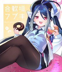 Rule 34 | 1girl, ahoge, blue archive, blue vest, commentary request, crossed legs, doughnut, etomai, food, fubuki (blue archive), hair ornament, hairclip, hat, highres, jacket, multicolored hair, necktie, pantyhose, red eyes, ribbon, sitting, solo, twintails, uniform, vest